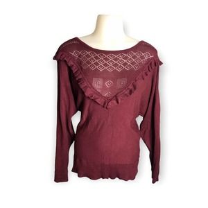 Joseph A. | Burgunday Crochet Pom Fringe Cut Out Chest Statement Sweater